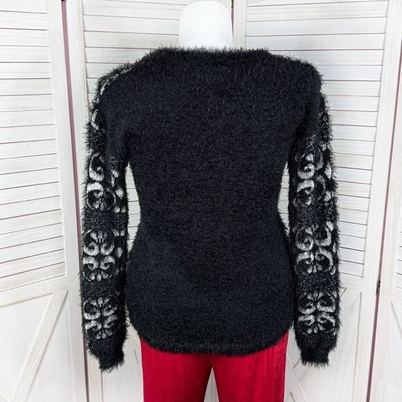 Celsius Premium Scroll Print Fuzzy Eyelash Knit Sweater Black XL - Picture 4 of 13